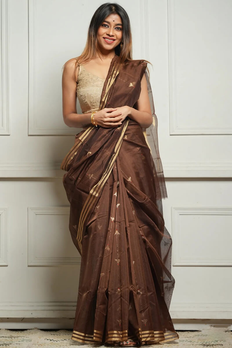 Devastating Brown Cotton Silk Saree With Imbrication Blouse Piece