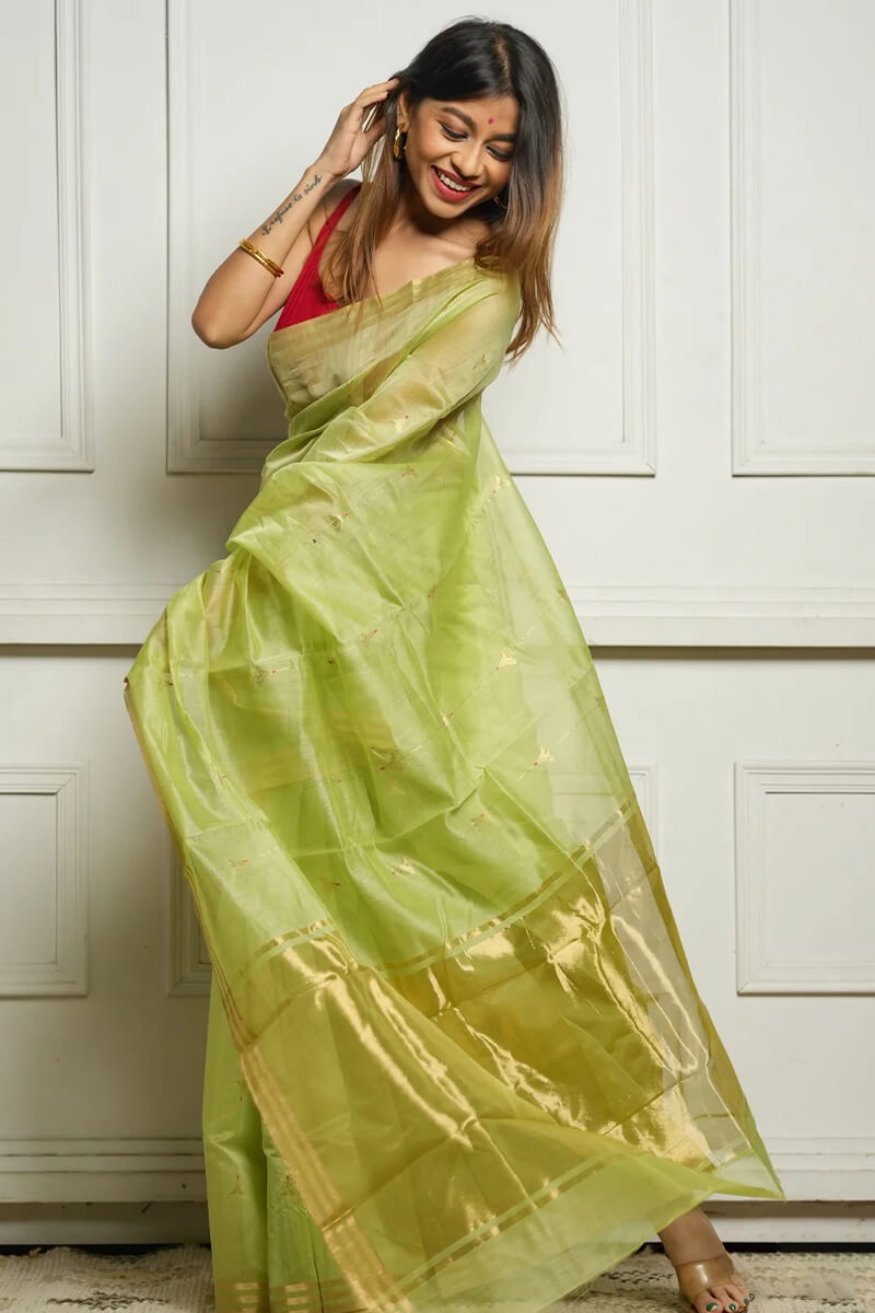 Excellent Pista Cotton Silk Saree With Prettiest Blouse Piece
