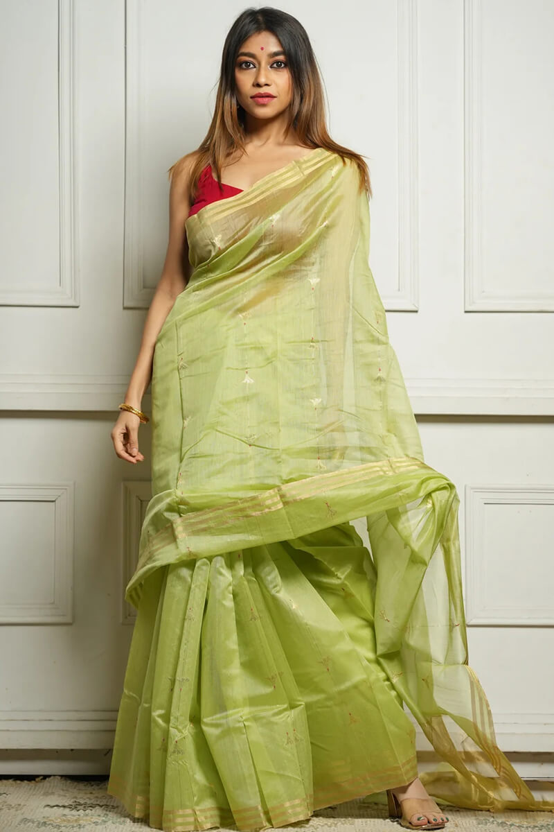 Excellent Pista Cotton Silk Saree With Prettiest Blouse Piece