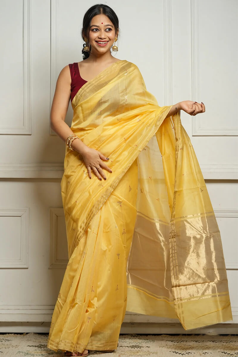 Ethnic Yellow Cotton Silk Saree With Lovely Blouse Piece
