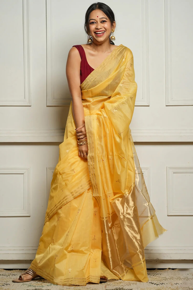 Ethnic Yellow Cotton Silk Saree With Lovely Blouse Piece