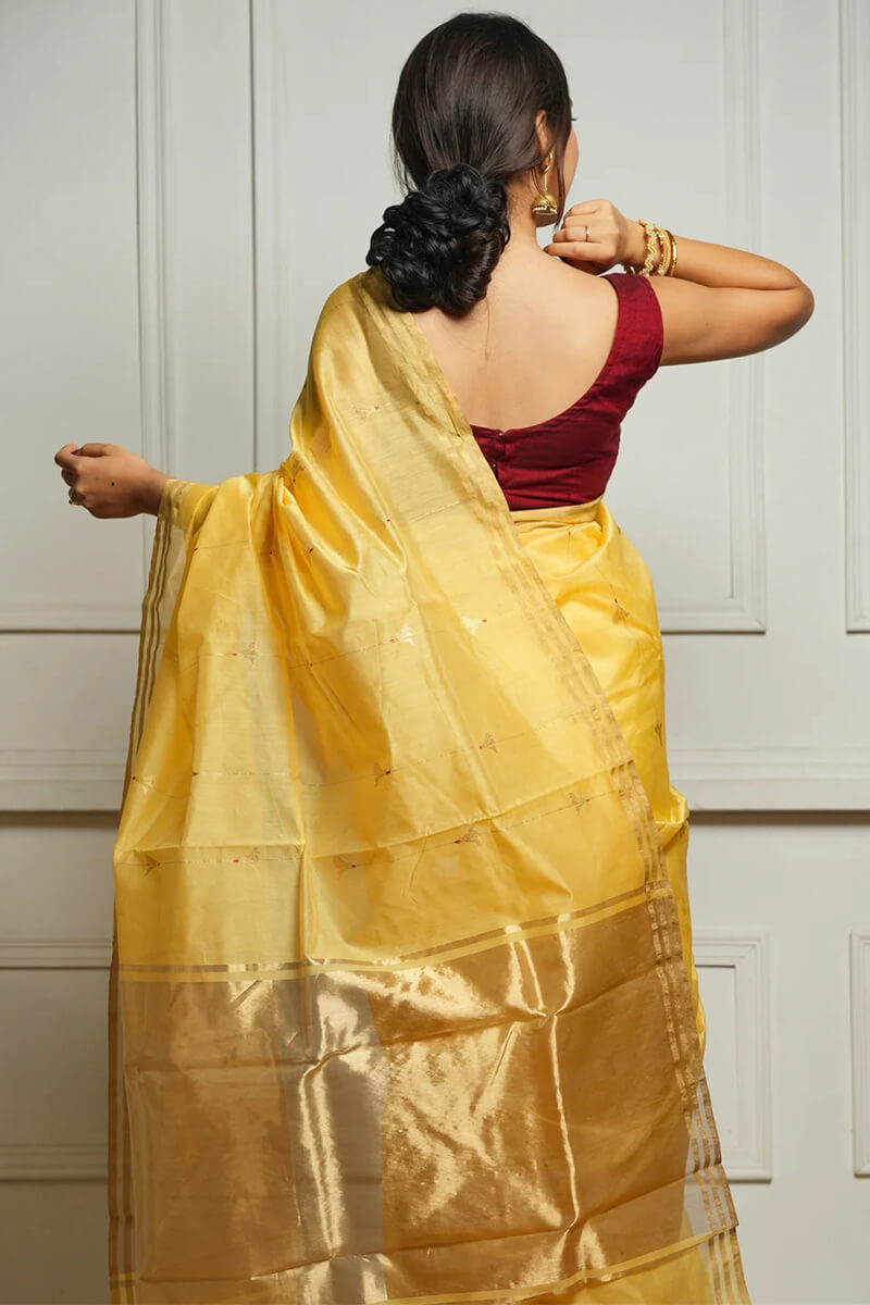 Ethnic Yellow Cotton Silk Saree With Lovely Blouse Piece