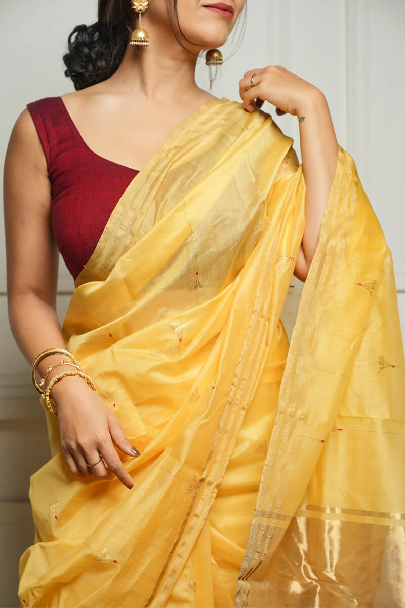 Ethnic Yellow Cotton Silk Saree With Lovely Blouse Piece