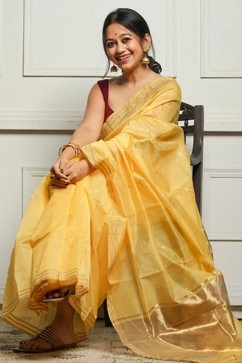 Ethnic Yellow Cotton Silk Saree With Lovely Blouse Piece