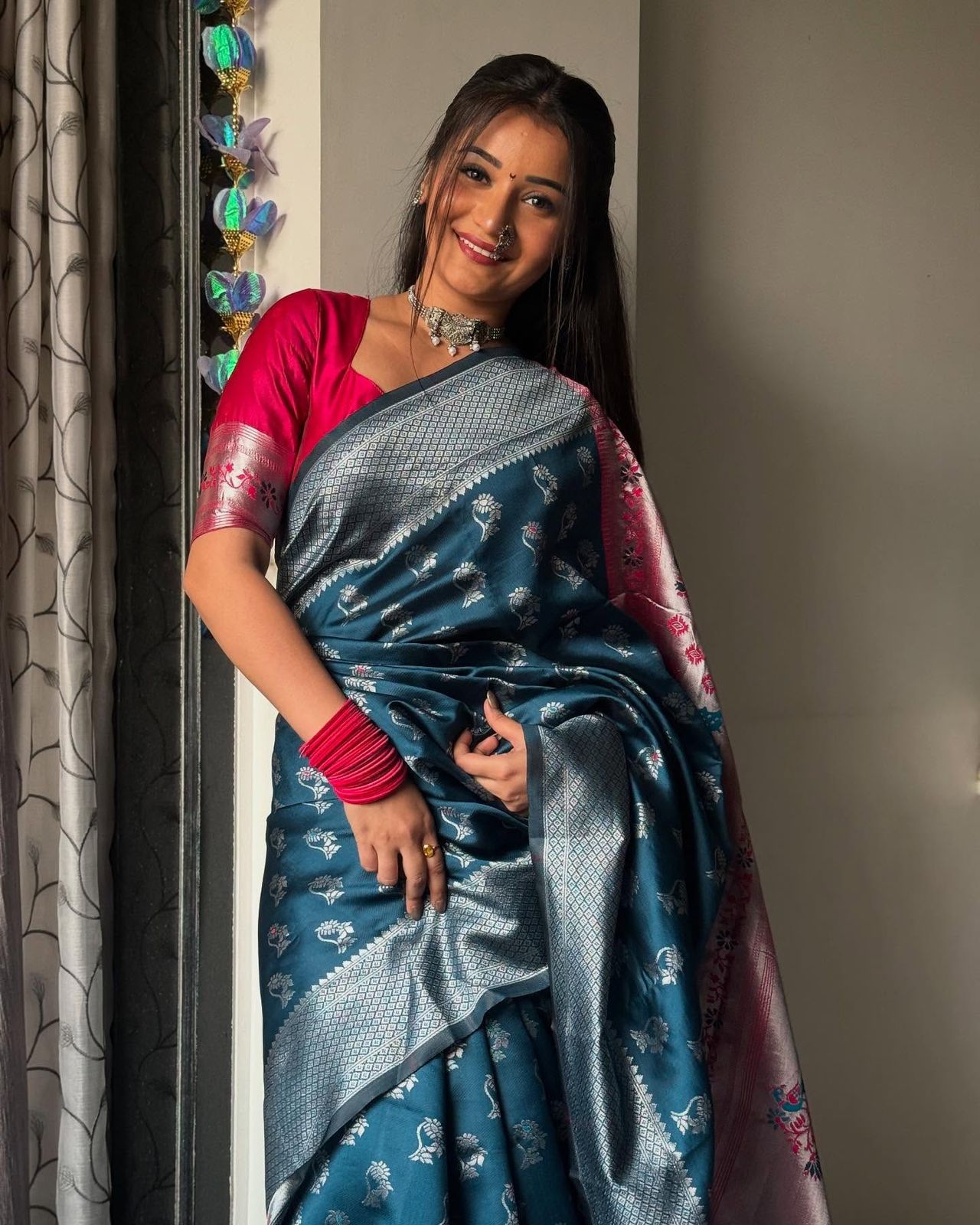 Efflorescence Teal Blue Soft Silk Saree With Quintessential Blouse Piece