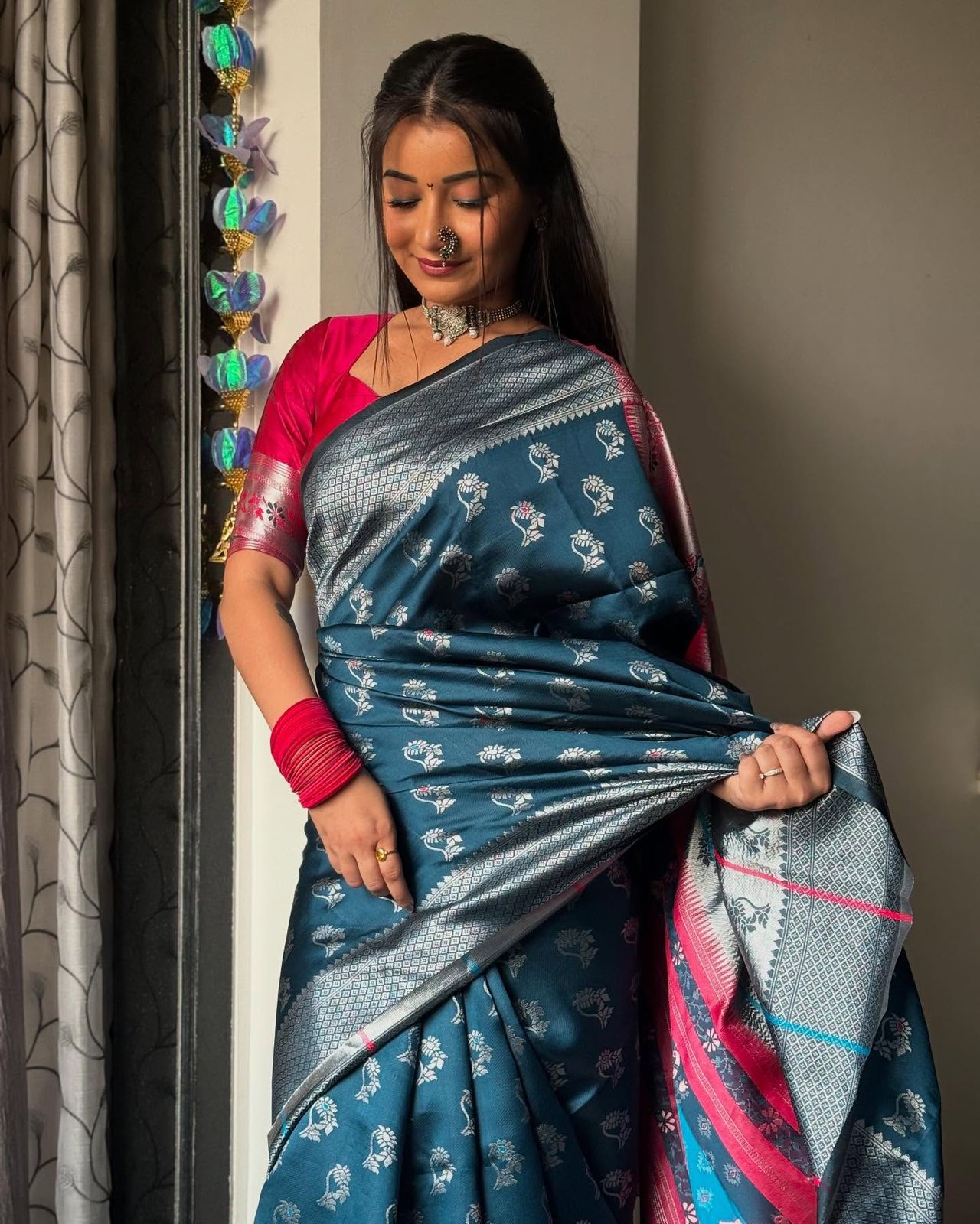 Efflorescence Teal Blue Soft Silk Saree With Quintessential Blouse Piece