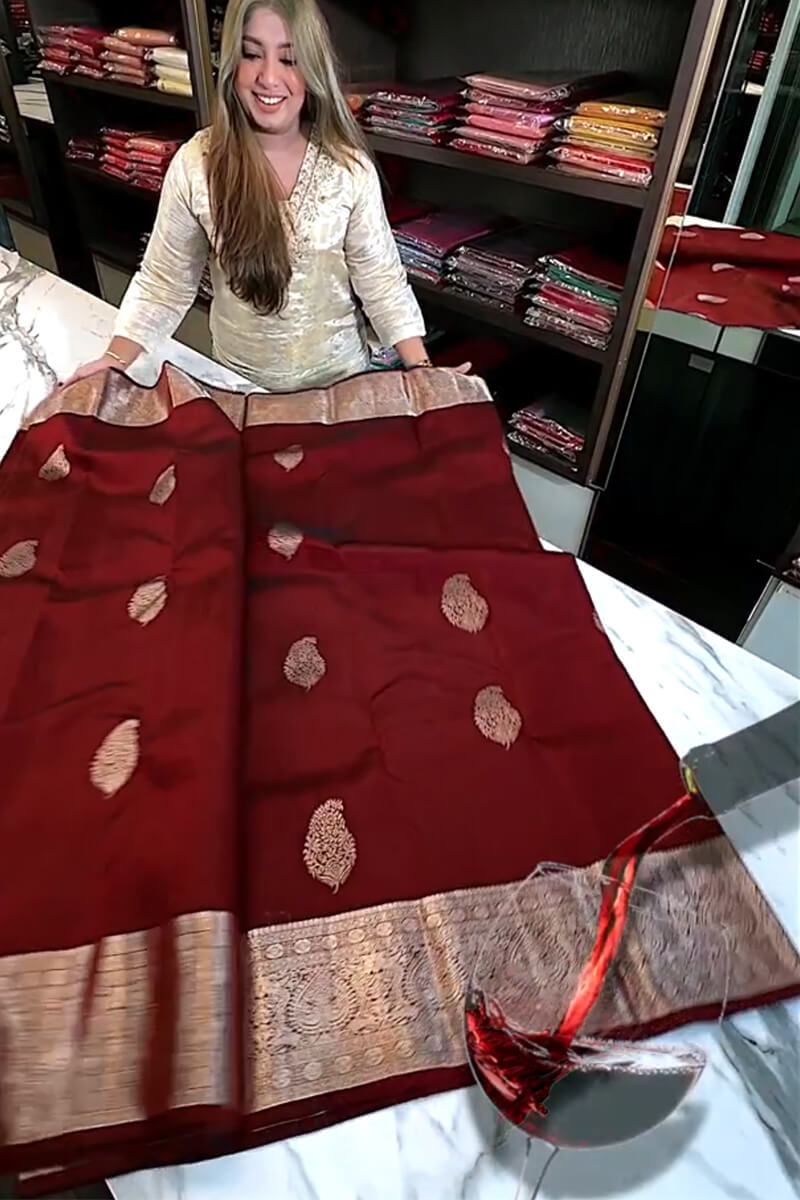 Delectable Wine Soft Banarasi Silk Saree With Transcendent Blouse Piece