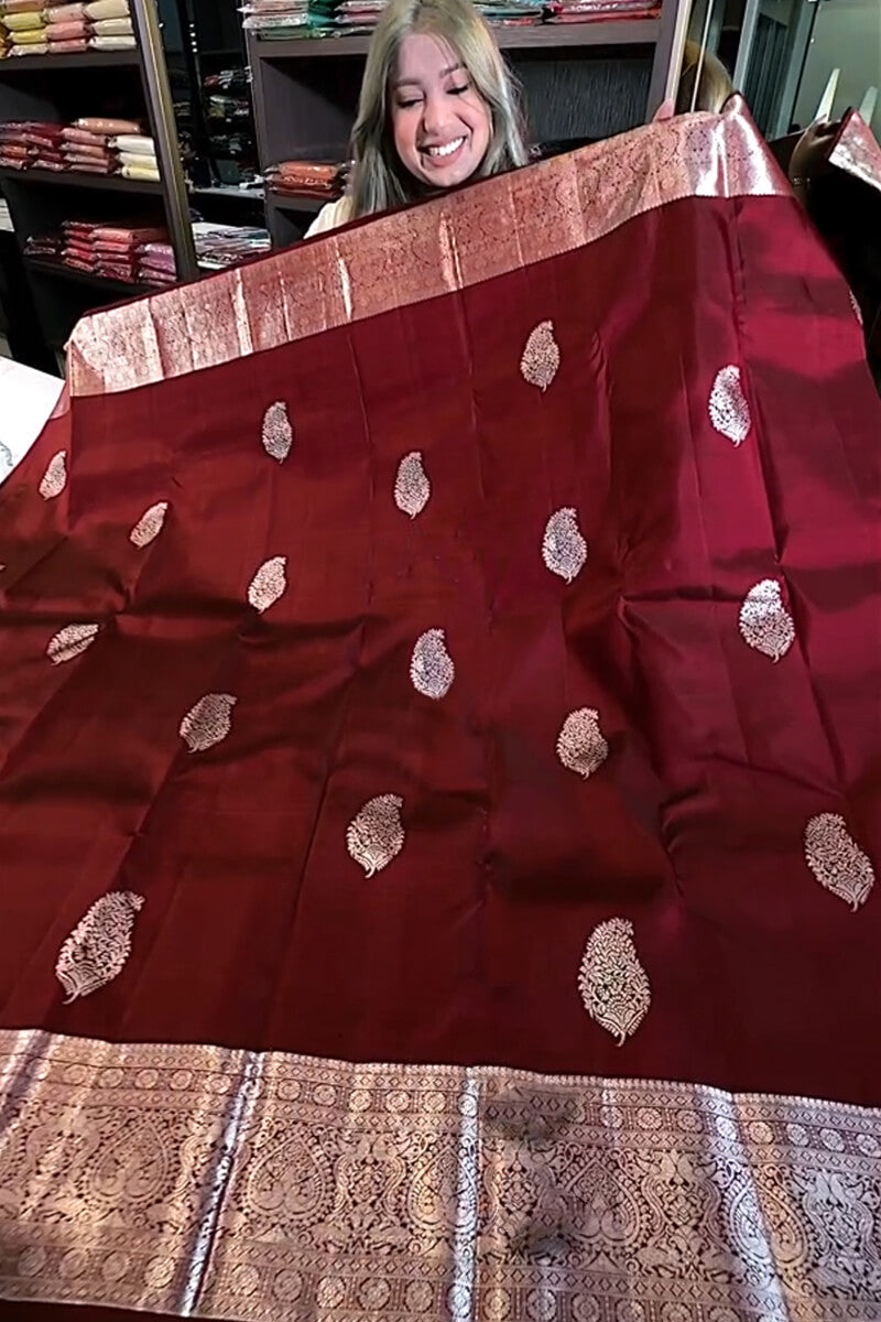 Delectable Wine Soft Banarasi Silk Saree With Transcendent Blouse Piece
