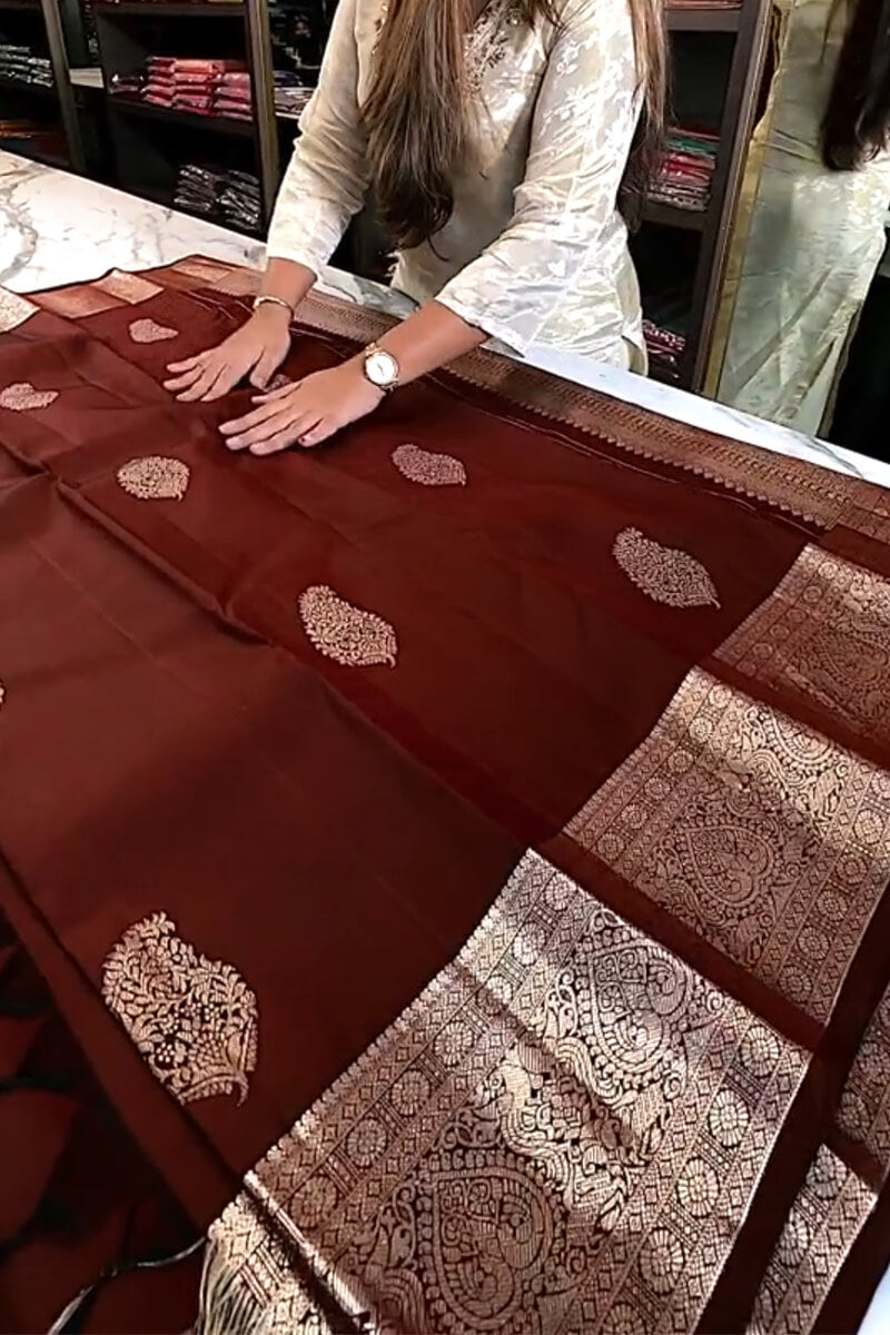 Delectable Wine Soft Banarasi Silk Saree With Transcendent Blouse Piece