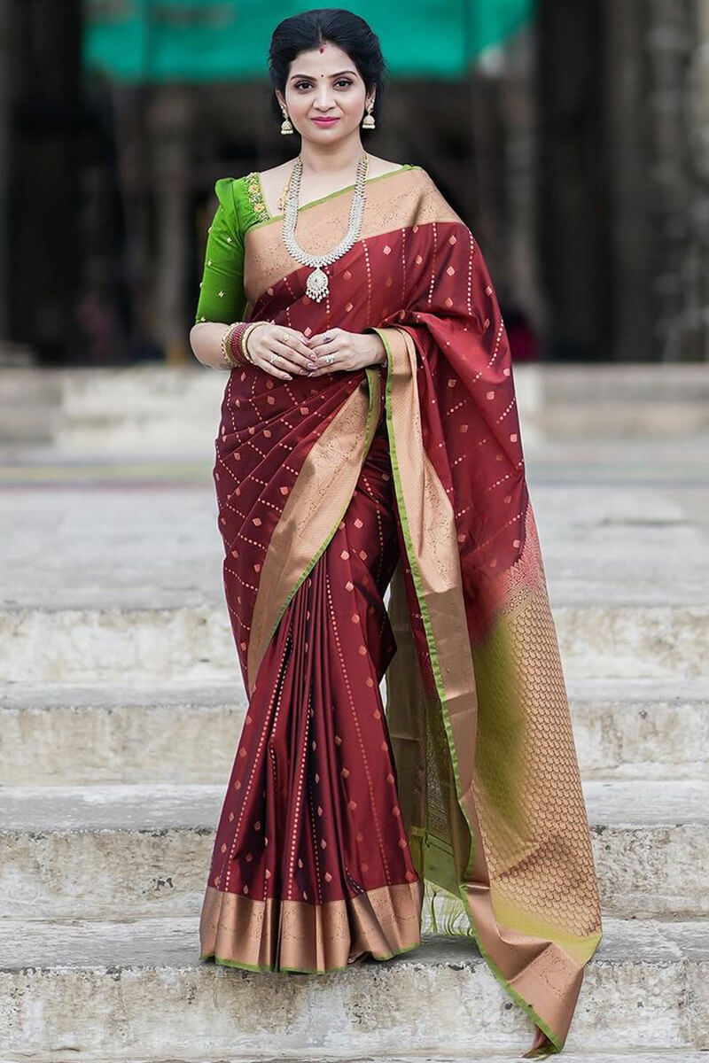 Enthralling Wine Soft Silk Saree With Enamoring Blouse Piece