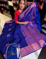 Snappy Royal Blue Soft Banarasi Silk Saree With Gossamer Blouse Piece