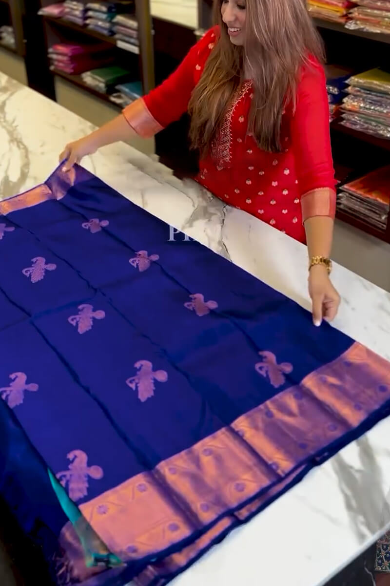 Snappy Royal Blue Soft Banarasi Silk Saree With Gossamer Blouse Piece