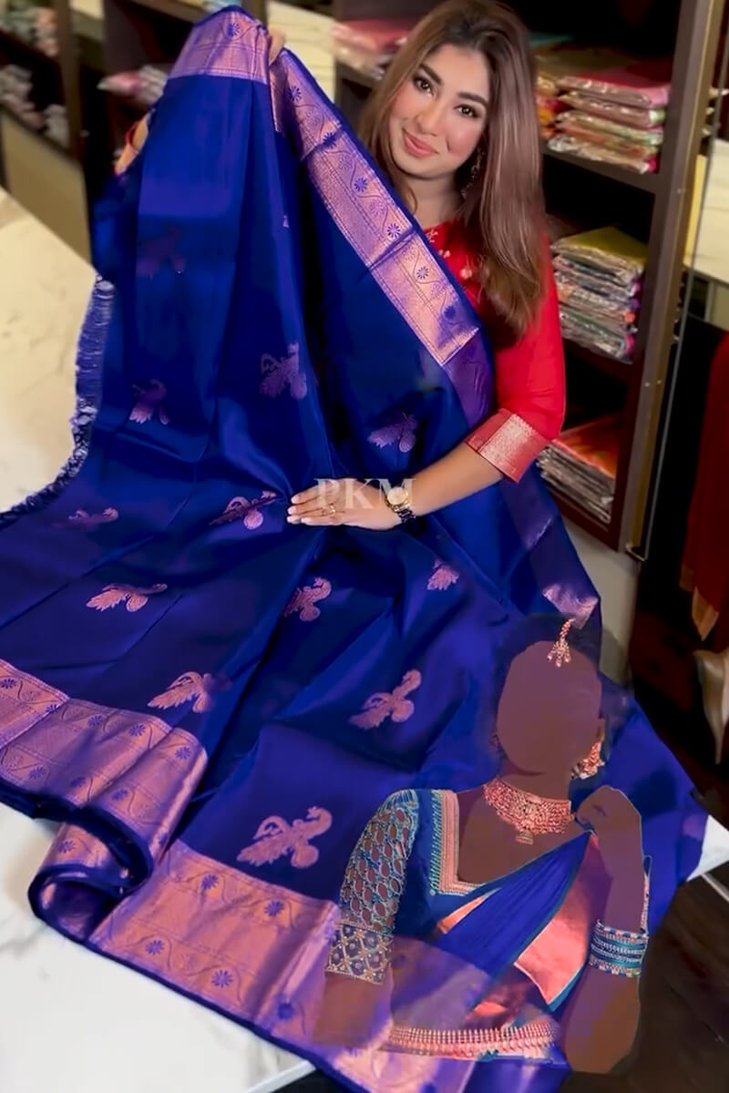 Snappy Royal Blue Soft Banarasi Silk Saree With Gossamer Blouse Piece