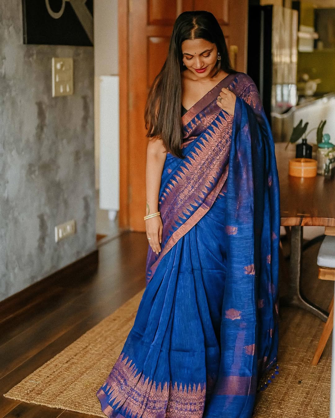 Delightful Royal Blue Cotton Silk Saree With Intricate Blouse Piece