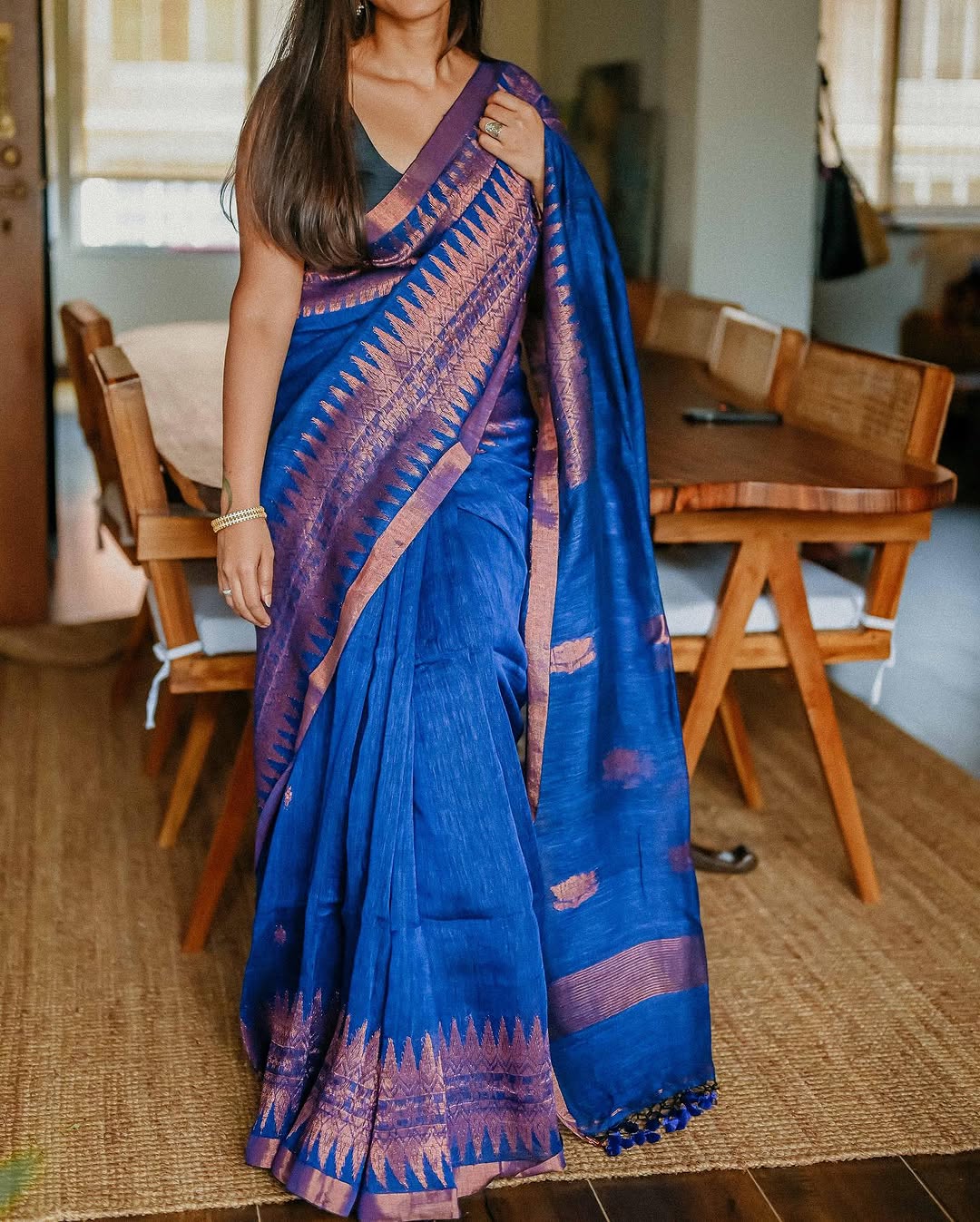 Delightful Royal Blue Cotton Silk Saree With Intricate Blouse Piece