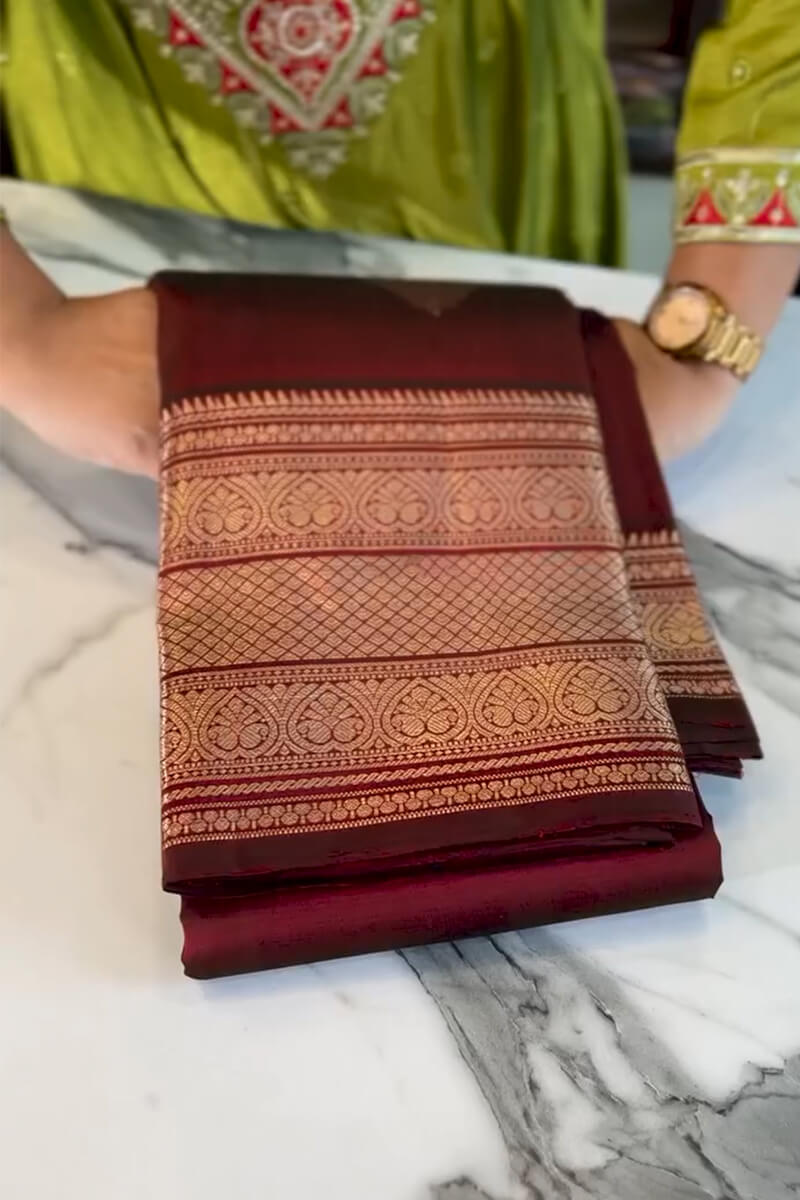 Radiant Wine Soft Banarasi Silk Saree With Elegant Blouse Piece
