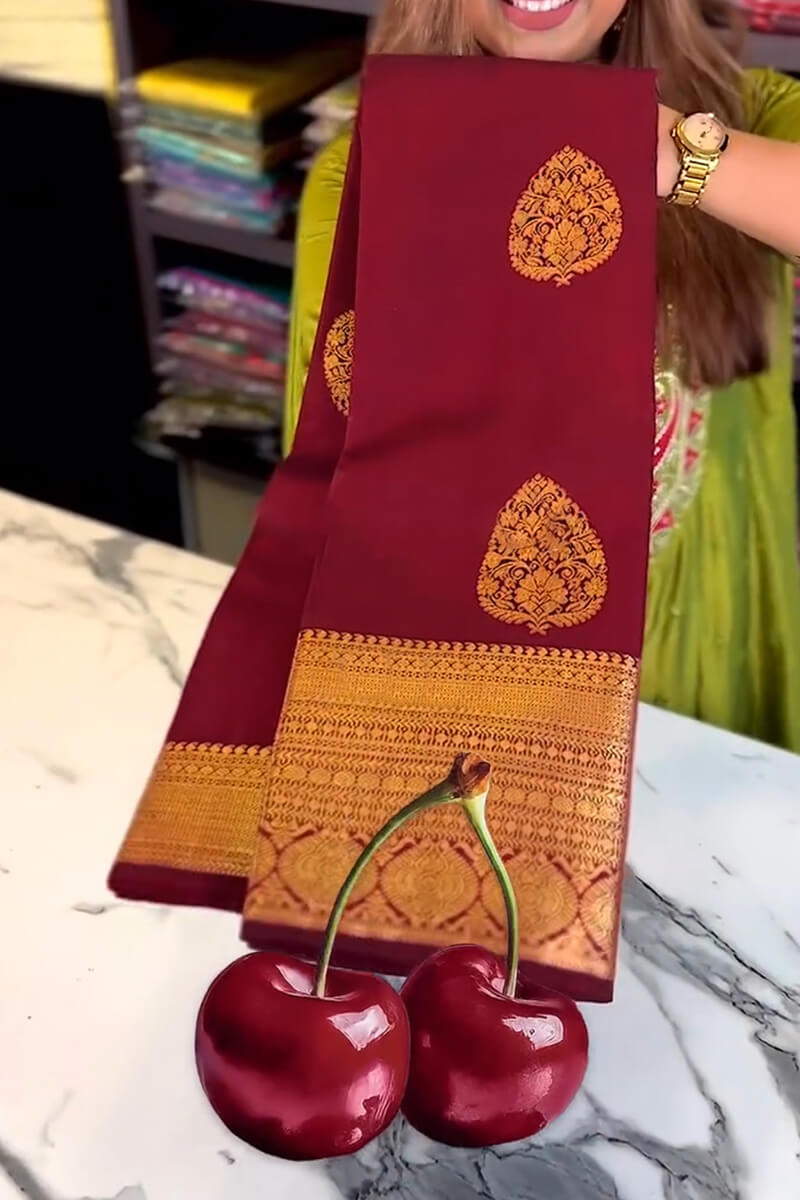 Splendiferous Wine Soft Banarasi Silk Saree With Vivacious Blouse Piece
