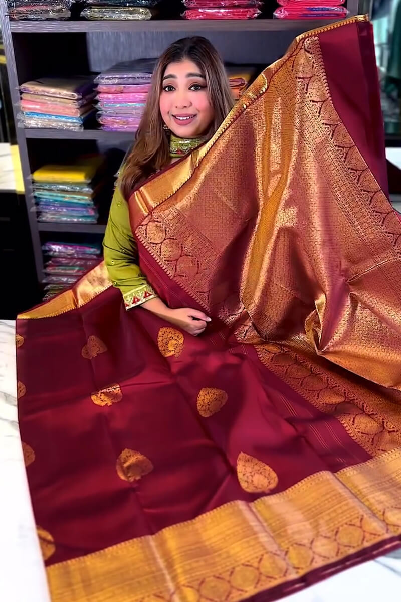 Splendiferous Wine Soft Banarasi Silk Saree With Vivacious Blouse Piece