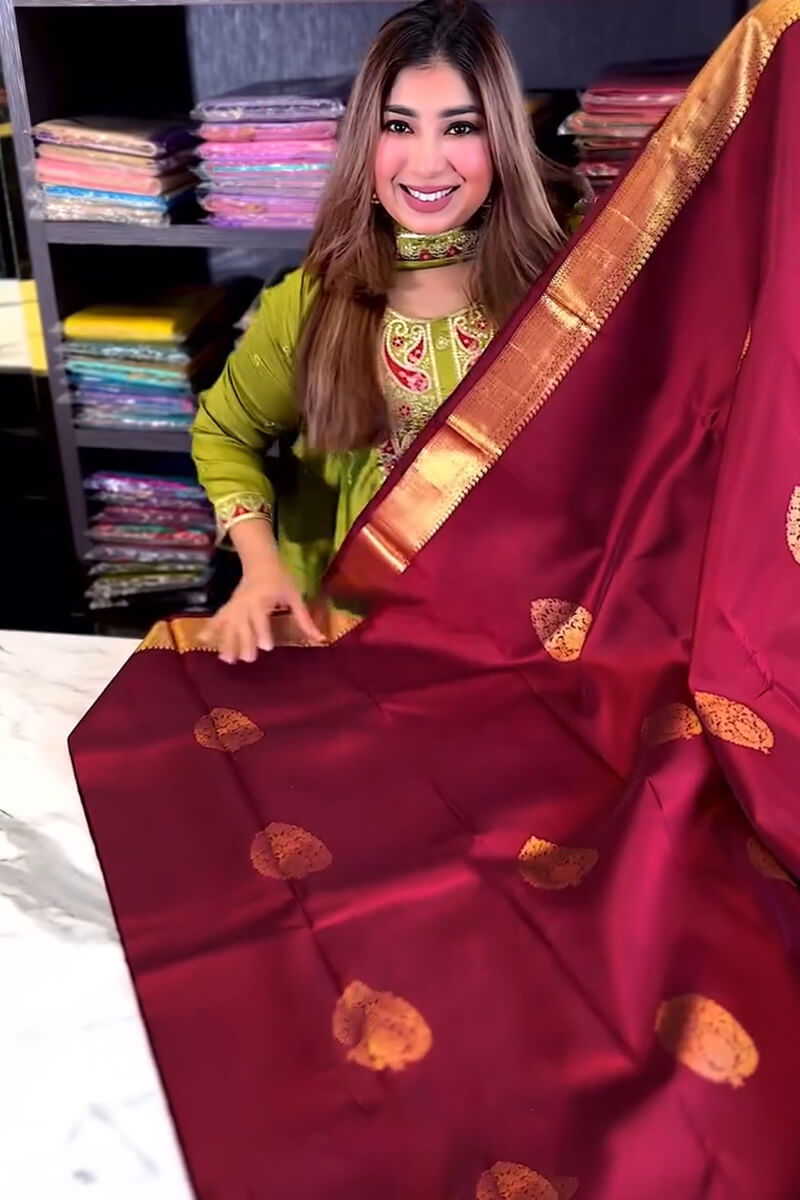 Splendiferous Wine Soft Banarasi Silk Saree With Vivacious Blouse Piece