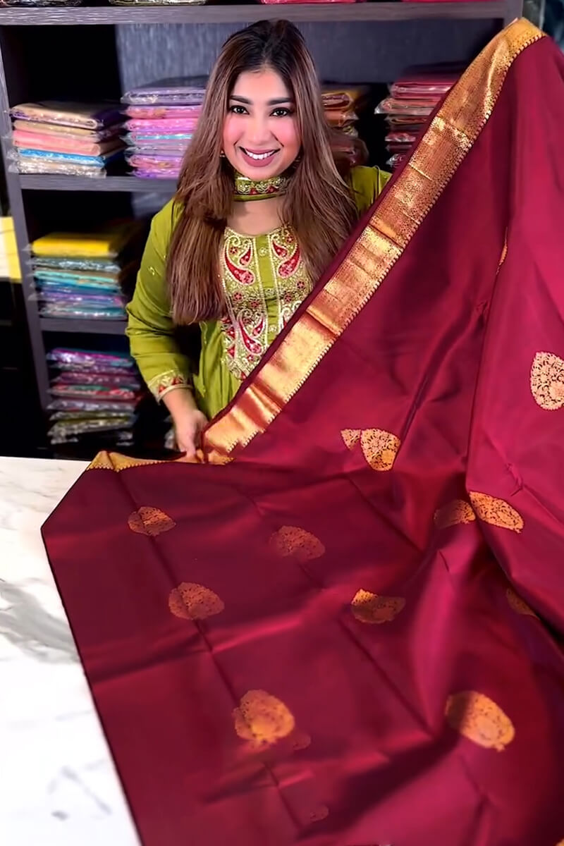 Splendiferous Wine Soft Banarasi Silk Saree With Vivacious Blouse Piece