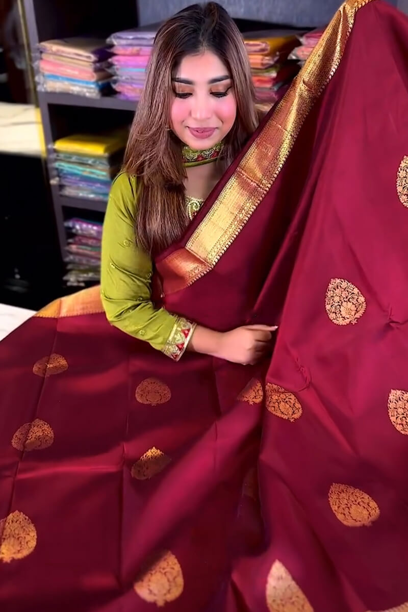 Splendiferous Wine Soft Banarasi Silk Saree With Vivacious Blouse Piece
