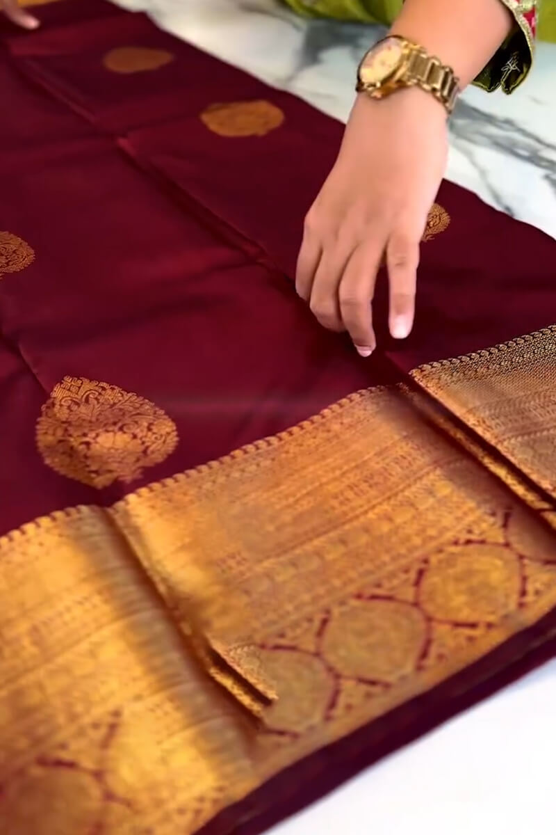 Splendiferous Wine Soft Banarasi Silk Saree With Vivacious Blouse Piece