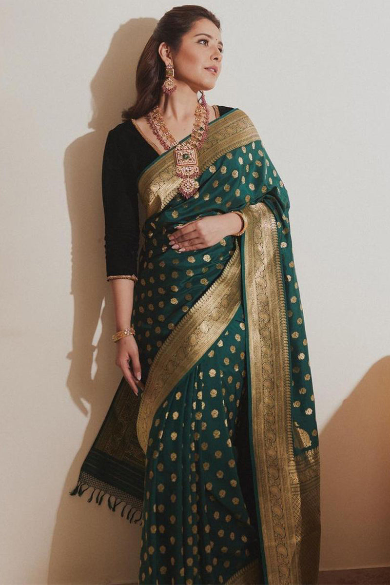 Luminous Dark Green Soft Silk Saree With Nectarous Blouse Piece