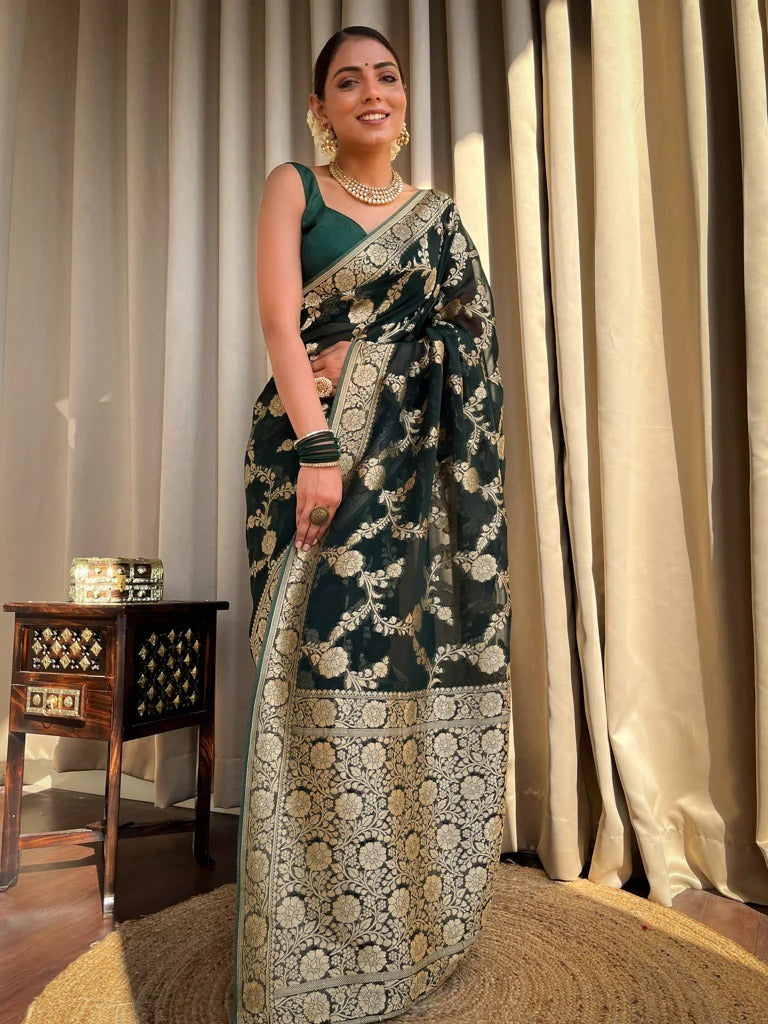 Marvellous Dark Green Soft Silk Saree With Blissful Blouse Piece