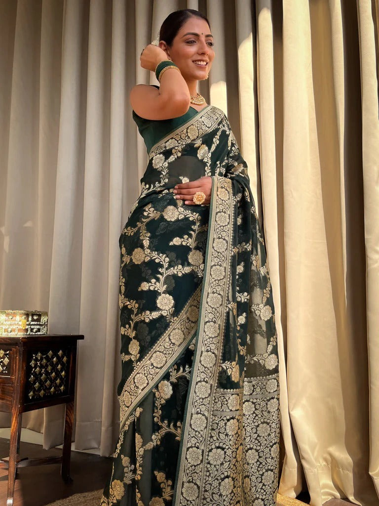 Marvellous Dark Green Soft Silk Saree With Blissful Blouse Piece