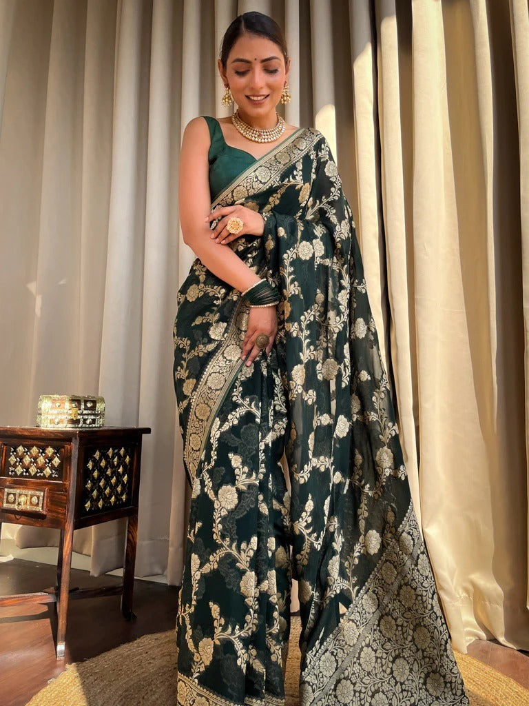 Marvellous Dark Green Soft Silk Saree With Blissful Blouse Piece