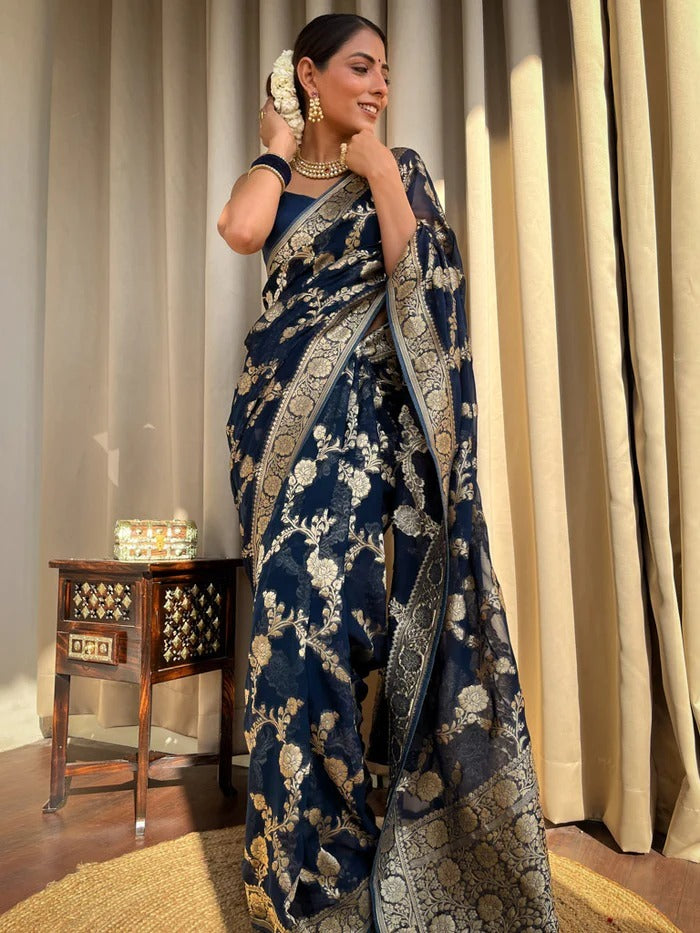 Effervescent Navy Blue Soft Silk Saree With Verdant Blouse Piece