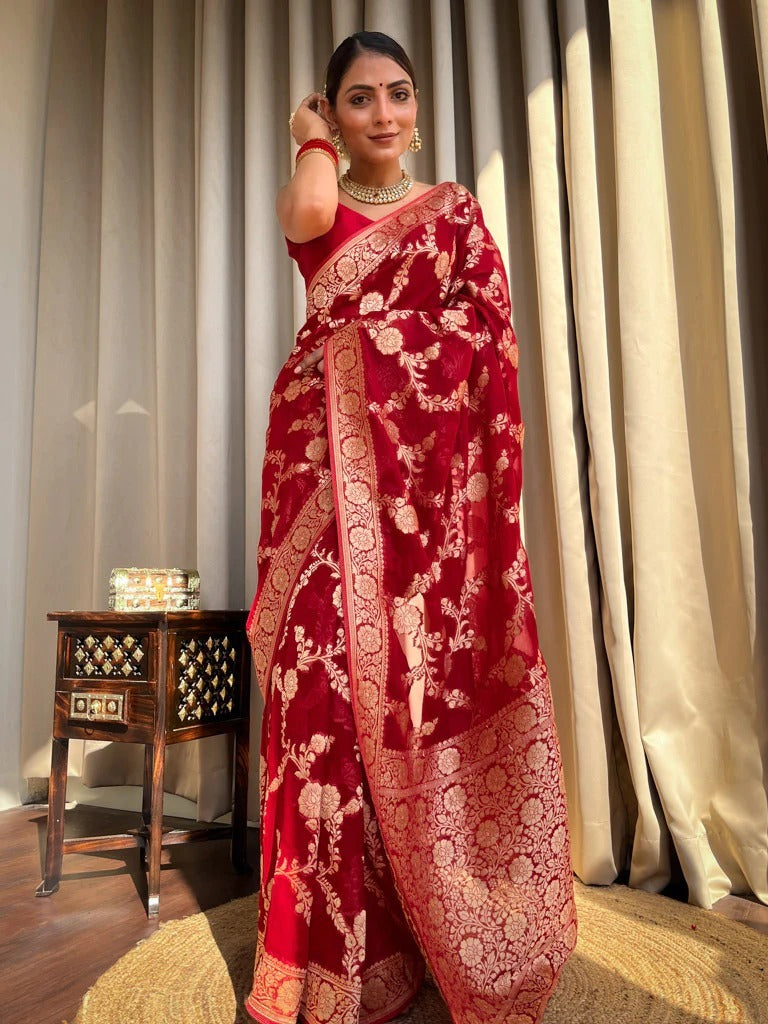 Beguiling Red Soft Silk Saree With Grandiose Blouse Piece