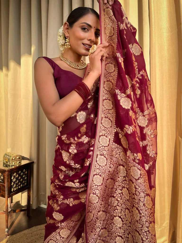 Fantabulous Wine Soft Silk Saree With Enigmatic Blouse Piece