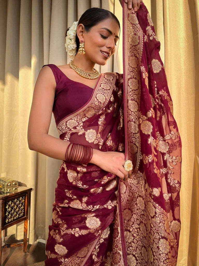 Fantabulous Wine Soft Silk Saree With Enigmatic Blouse Piece