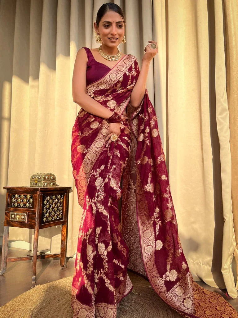 Fantabulous Wine Soft Silk Saree With Enigmatic Blouse Piece