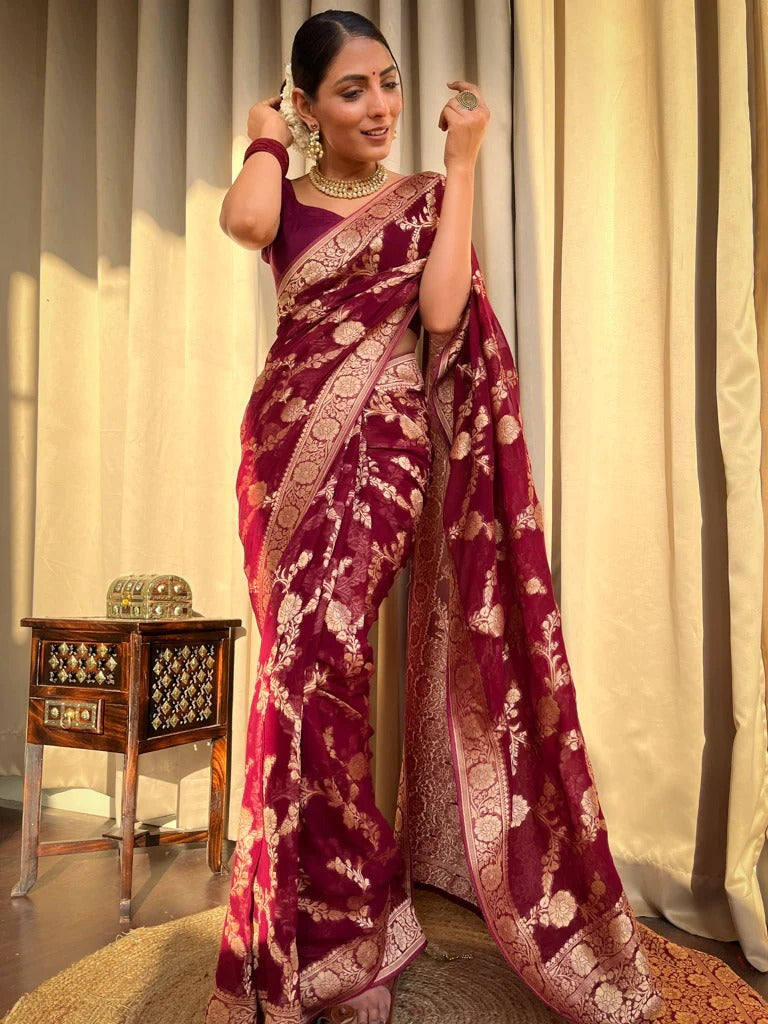 Fantabulous Wine Soft Silk Saree With Enigmatic Blouse Piece