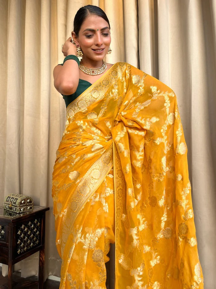 Demesne Yellow Soft Silk Saree With Palimpsest Blouse Piece