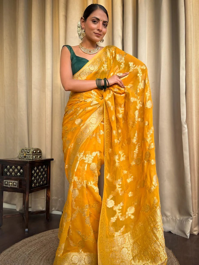 Demesne Yellow Soft Silk Saree With Palimpsest Blouse Piece