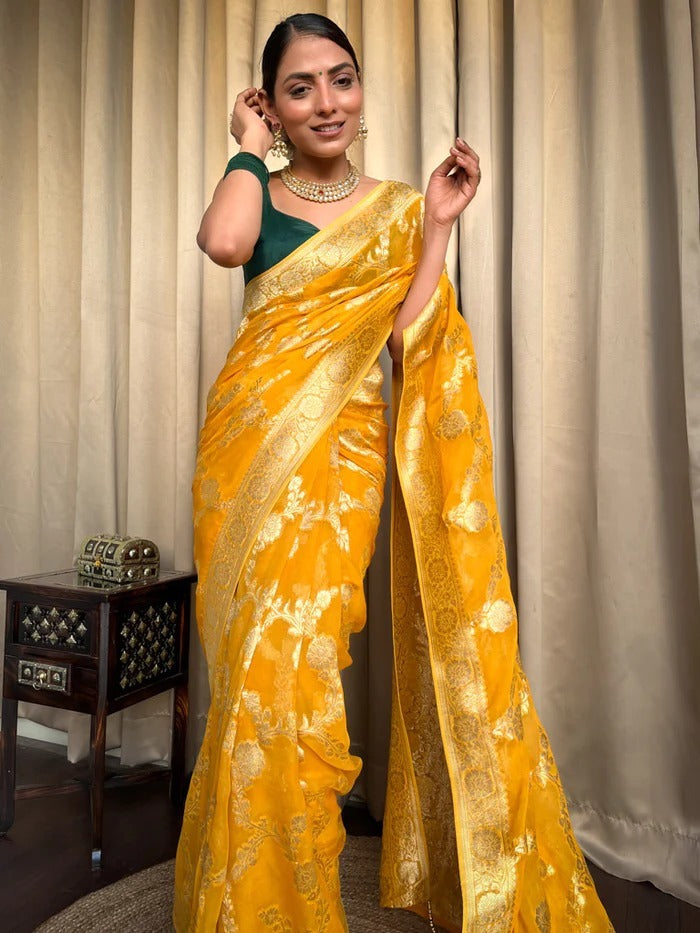 Demesne Yellow Soft Silk Saree With Palimpsest Blouse Piece