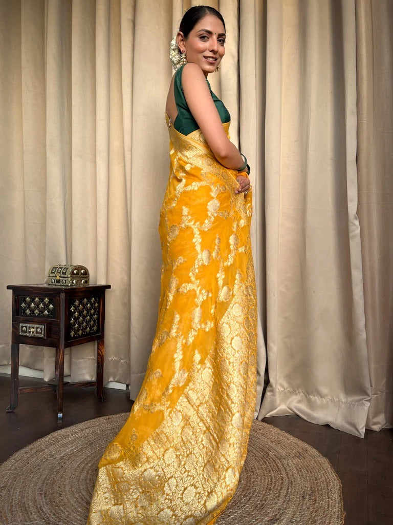 Demesne Yellow Soft Silk Saree With Palimpsest Blouse Piece