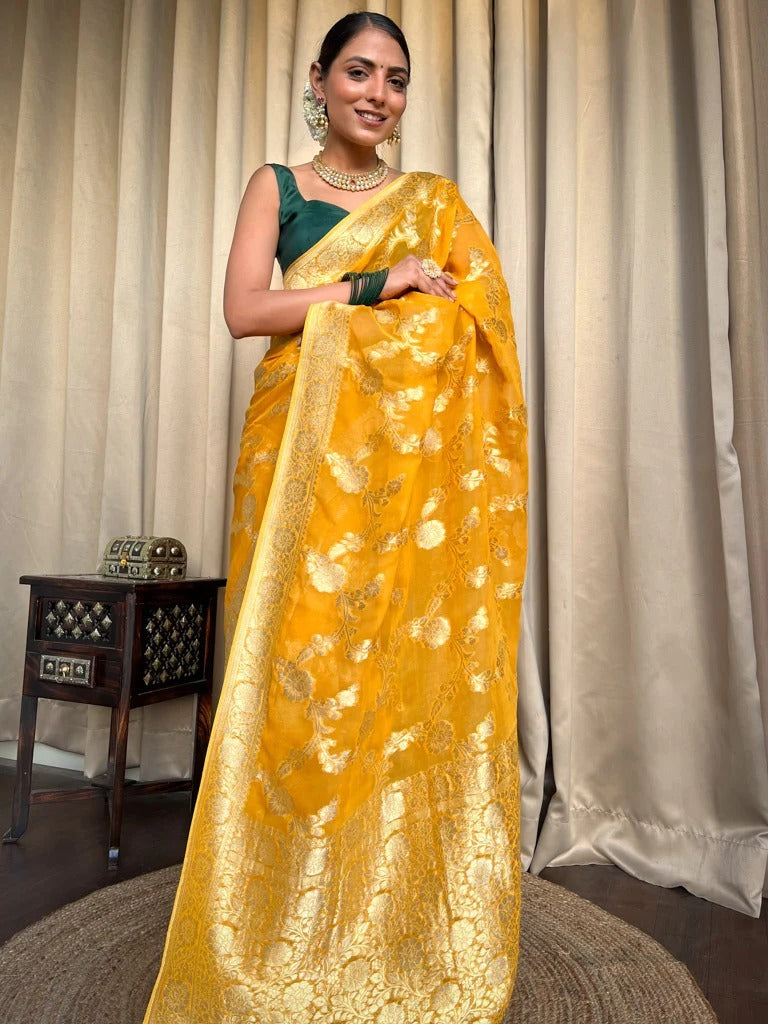 Demesne Yellow Soft Silk Saree With Palimpsest Blouse Piece