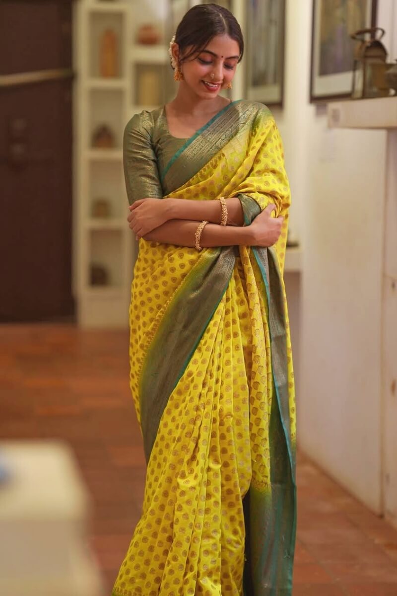 Unequalled Yellow Soft Silk Saree With Pleasurable Blouse Piece