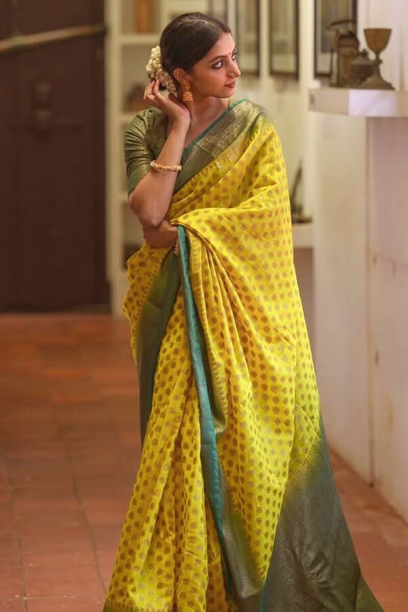 Unequalled Yellow Soft Silk Saree With Pleasurable Blouse Piece