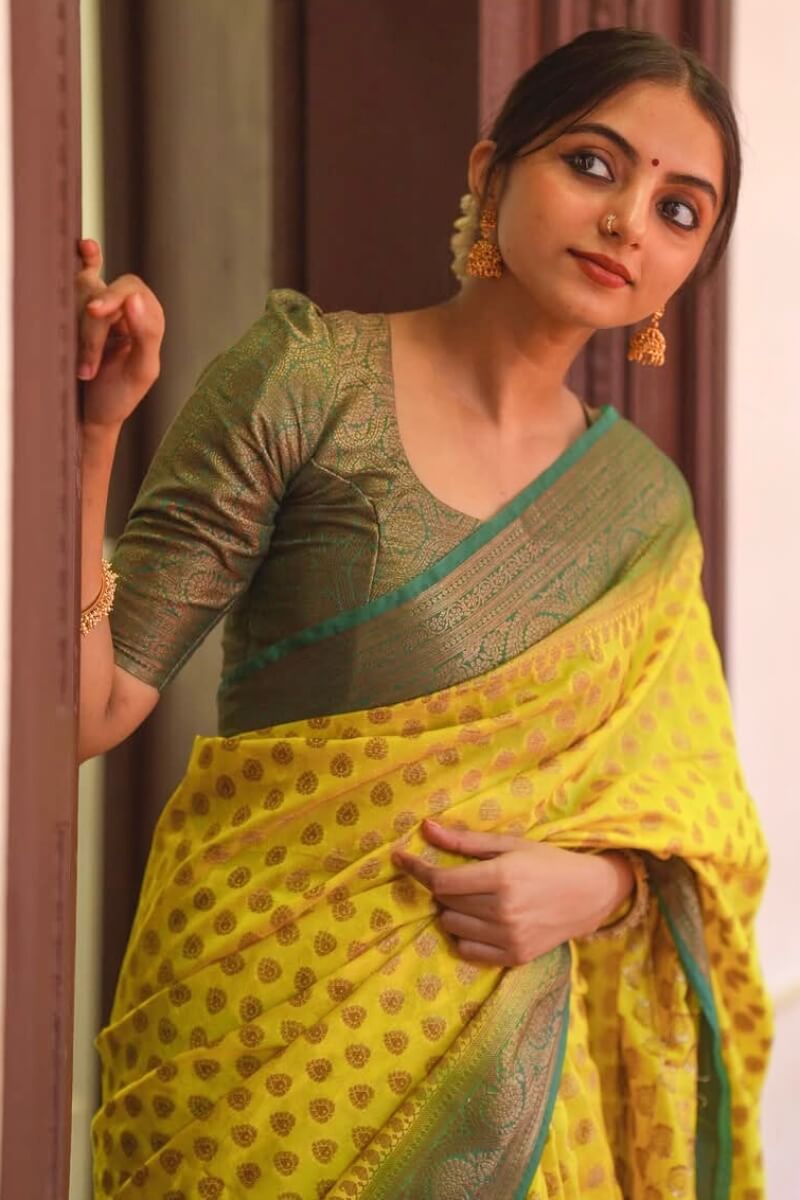 Unequalled Yellow Soft Silk Saree With Pleasurable Blouse Piece