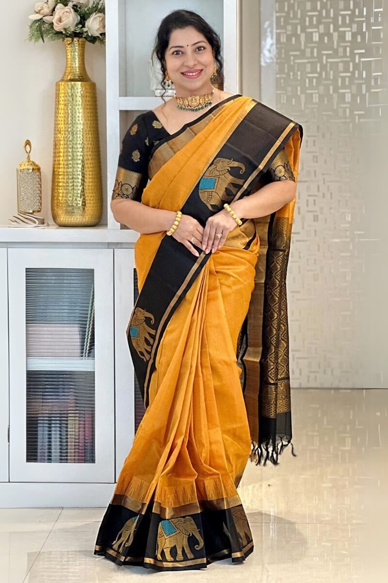 Brood Mustard Soft Silk Saree With Adoring Blouse Piece