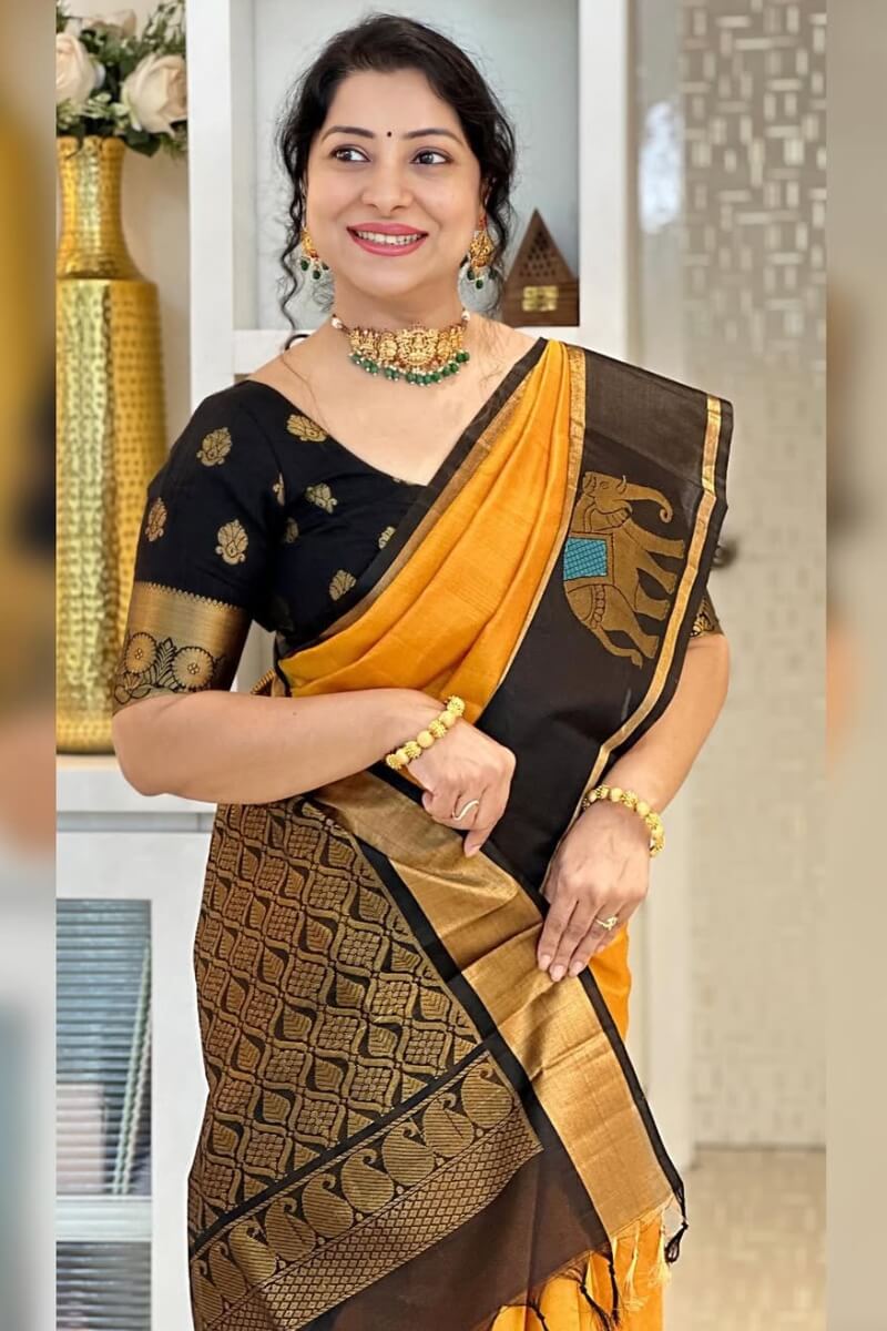 Brood Mustard Soft Silk Saree With Adoring Blouse Piece