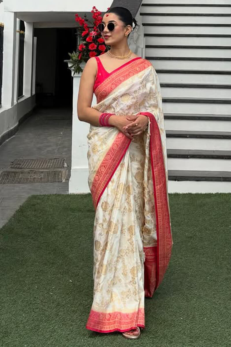 Appealing Beige Soft Silk Saree With Angelic Blouse Piece
