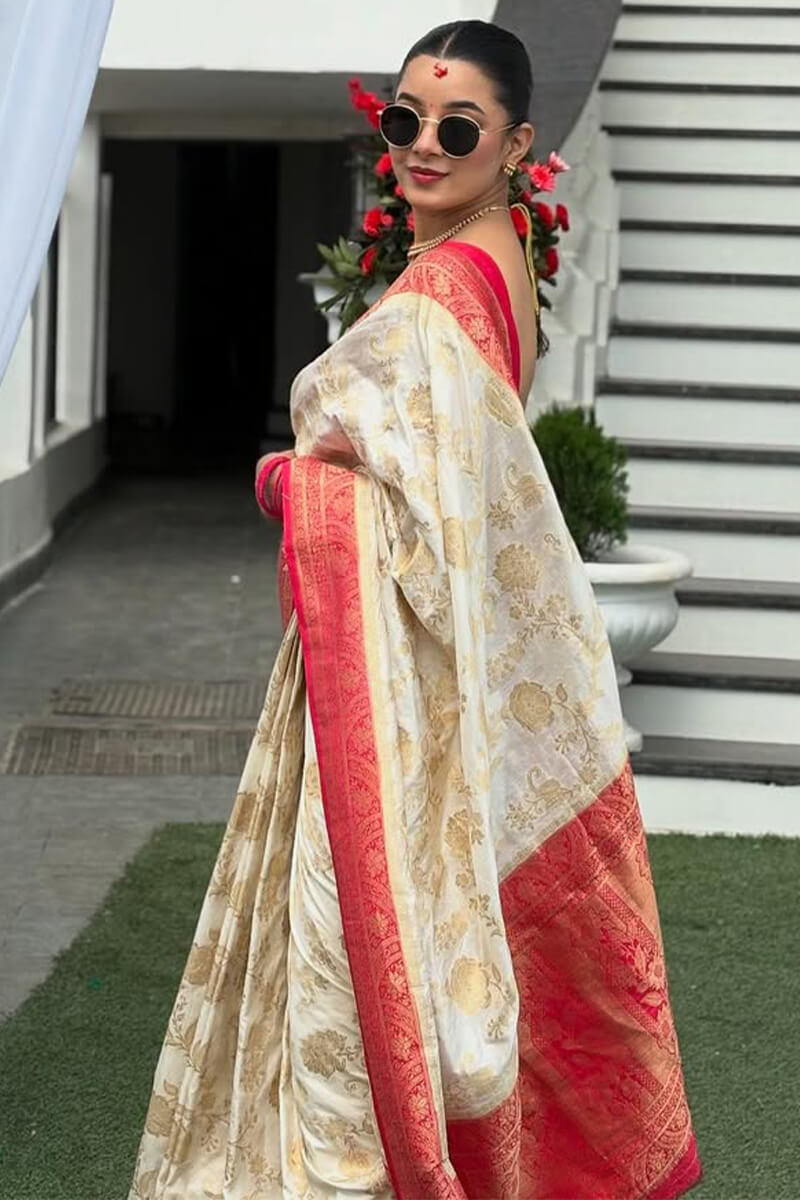 Appealing Beige Soft Silk Saree With Angelic Blouse Piece