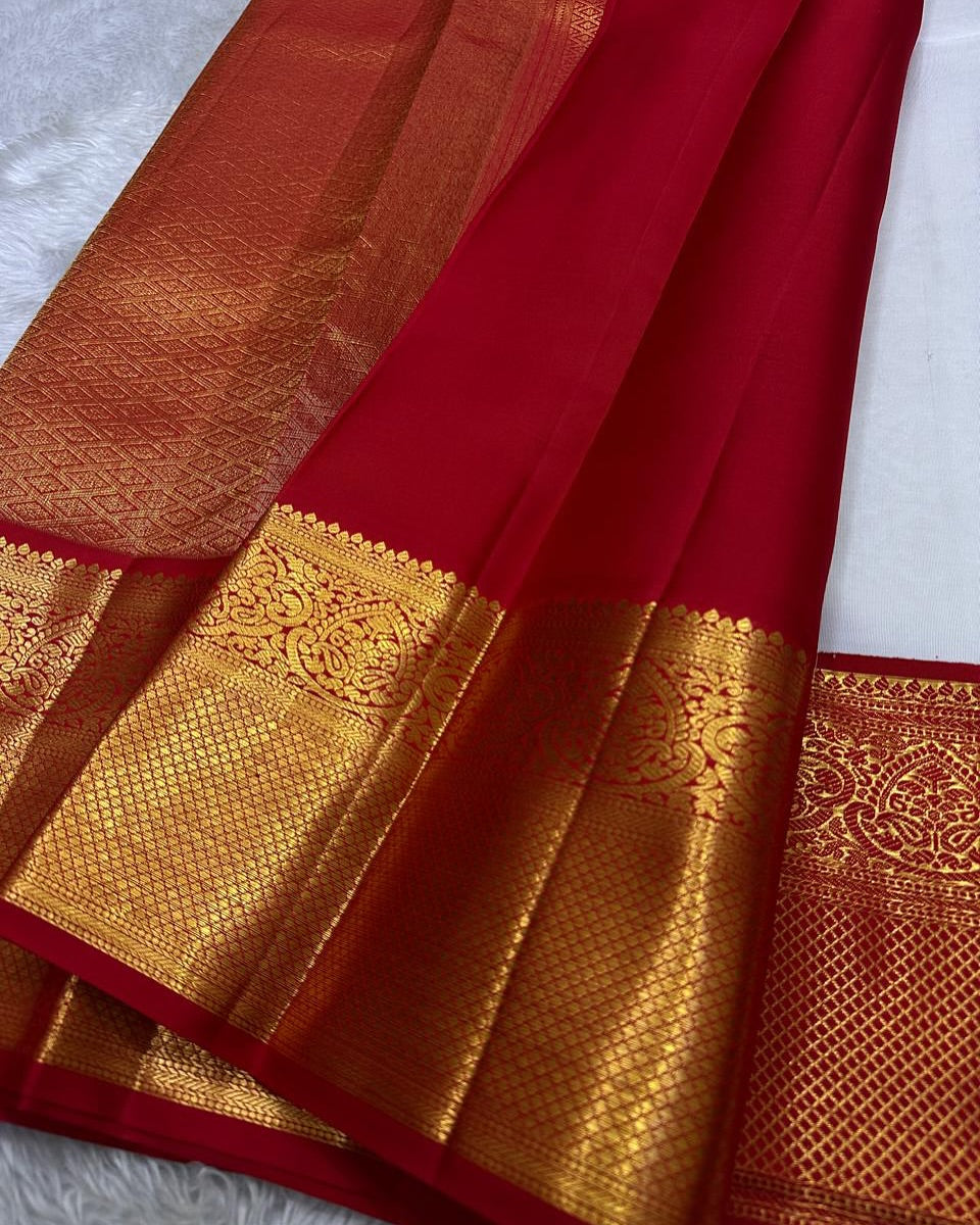 Cynosure Red Soft Silk Saree With Glamorous Blouse Piece