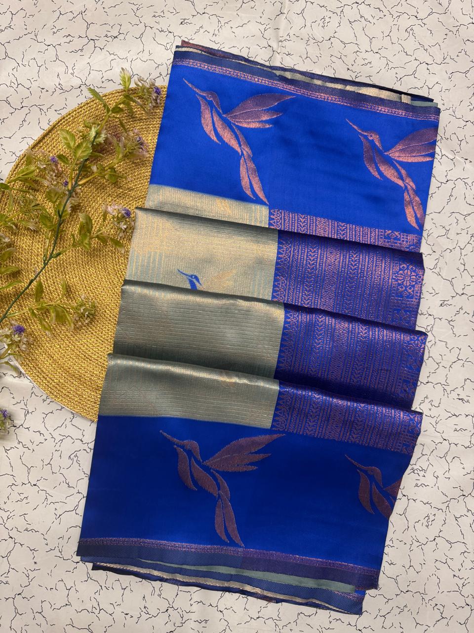 Super classy Sky Soft Banarasi Silk Saree With Denouement Blouse Piece